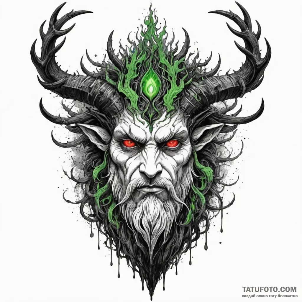 Horned god of the forest with eyes of green f... - эскиз тату (№1750308296_1, 19.06.2025 04:44) — Tatufoto.com