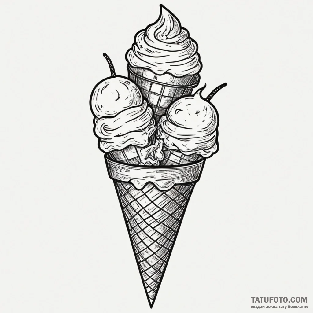 Ice cream, ink illustration for tattoo, black... - эскиз тату (№1750309945_0, 19.06.2025 05:12) — Tatufoto.com