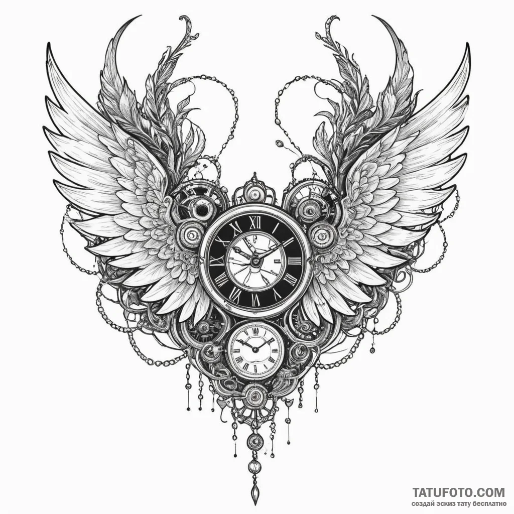 Clockwork wings unfolding, tattoo line art, n... - эскиз тату (№1750310807_0, 19.06.2025 05:26) — Tatufoto.com