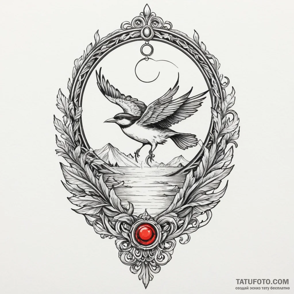 A whimsical bird looking at its reflection, s... - эскиз тату (№1750314588_0, 19.06.2025 06:29) — Tatufoto.com