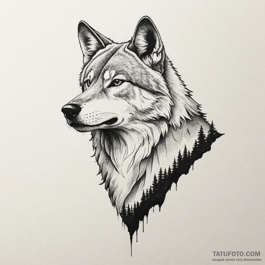 A wolf silhouette filled with a mountain rang... - эскиз тату (№1750314659_0, 19.06.2025 06:30) — Tatufoto.com
