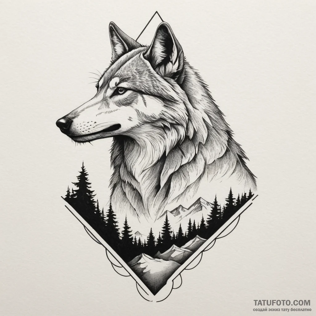 A wolf silhouette filled with a mountain rang... - эскиз тату (№1750314659_1, 19.06.2025 06:30) — Tatufoto.com