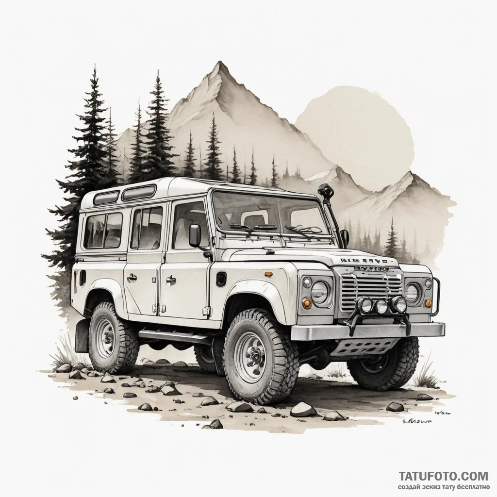 Land rover defender, rugged and classic, on a... - эскиз тату (№1750315370_0, 19.06.2025 06:42) — Tatufoto.com