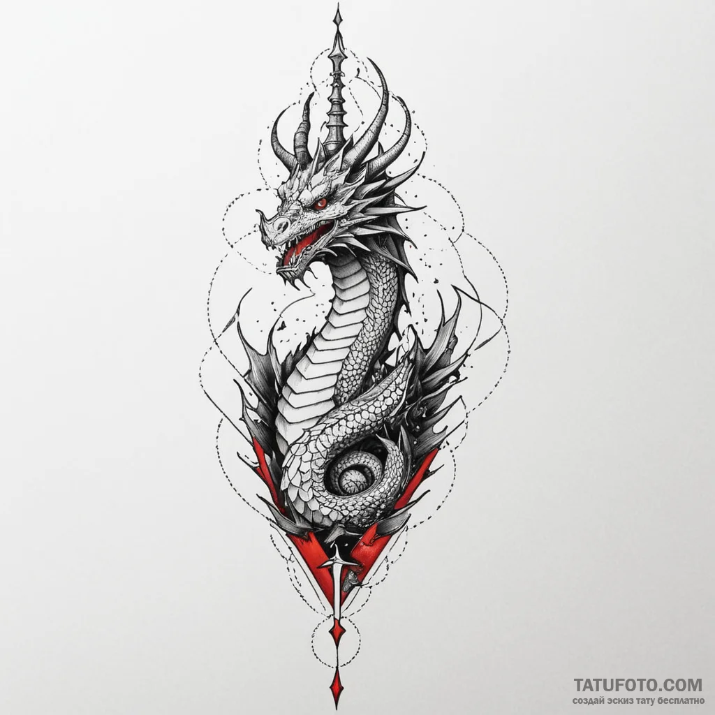 Dragon spire crowned with stars, tattoo line... - эскиз тату (№1750315583_0, 19.06.2025 06:46) — Tatufoto.com