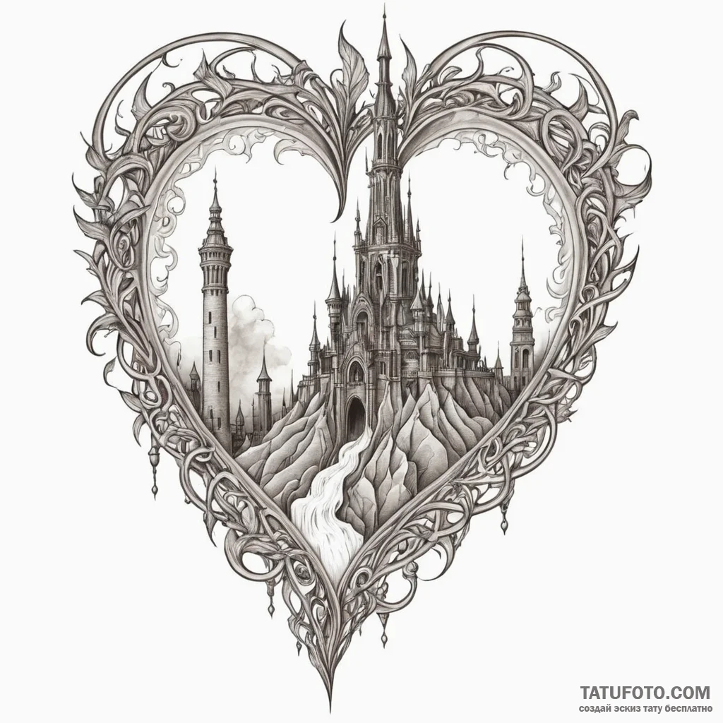 Molten heart beneath shattered spire, tattoo... - эскиз тату (№1750316225_0, 19.06.2025 06:57) — Tatufoto.com