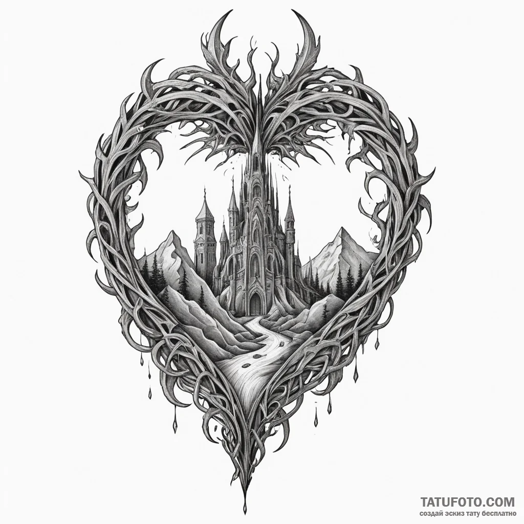 Molten heart beneath shattered spire, tattoo... - эскиз тату (№1750316225_1, 19.06.2025 06:57) — Tatufoto.com