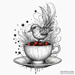 A whimsical bird on a teacup, delicate,, tatt… — эскиз тату (№1750316437_1, 19.06.2025 07:00) — Tatufoto.com