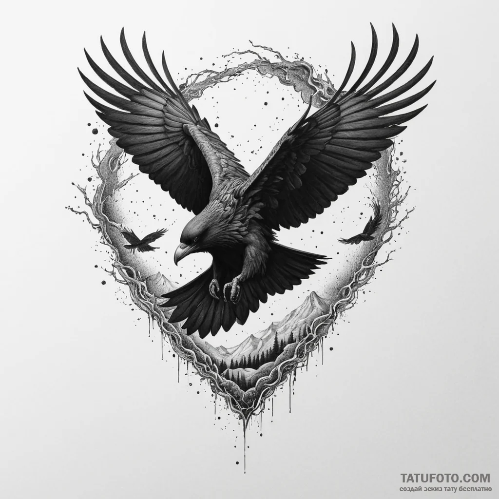 Ashen raven flying through void storm, concep... - эскиз тату (№1750319868_0, 19.06.2025 07:57) — Tatufoto.com