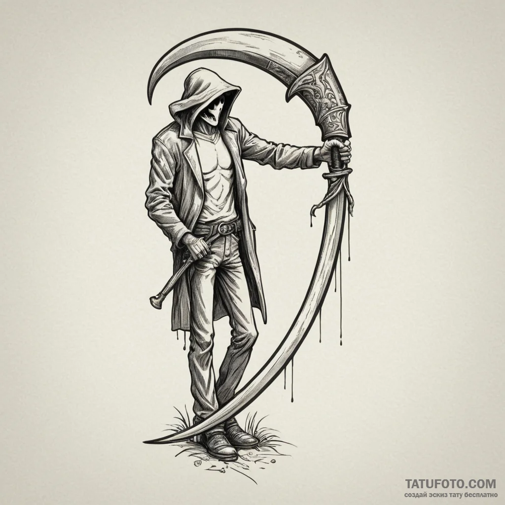 Reaper's scythe leaning against a wall, artis... - эскиз тату (№1750320010_1, 19.06.2025 08:00) — Tatufoto.com