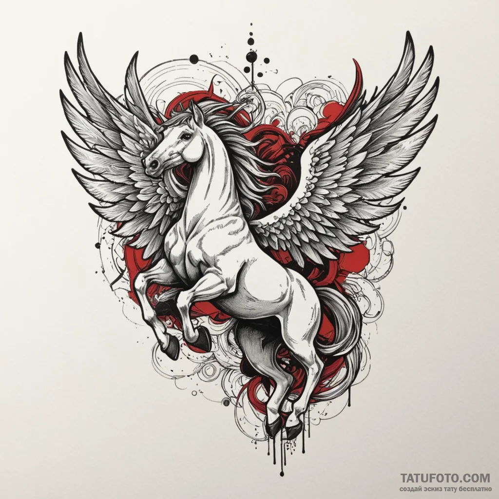 Pegasus with wings made of storm clouds, tatt... - эскиз тату (№1750321434_0, 19.06.2025 08:23) — Tatufoto.com