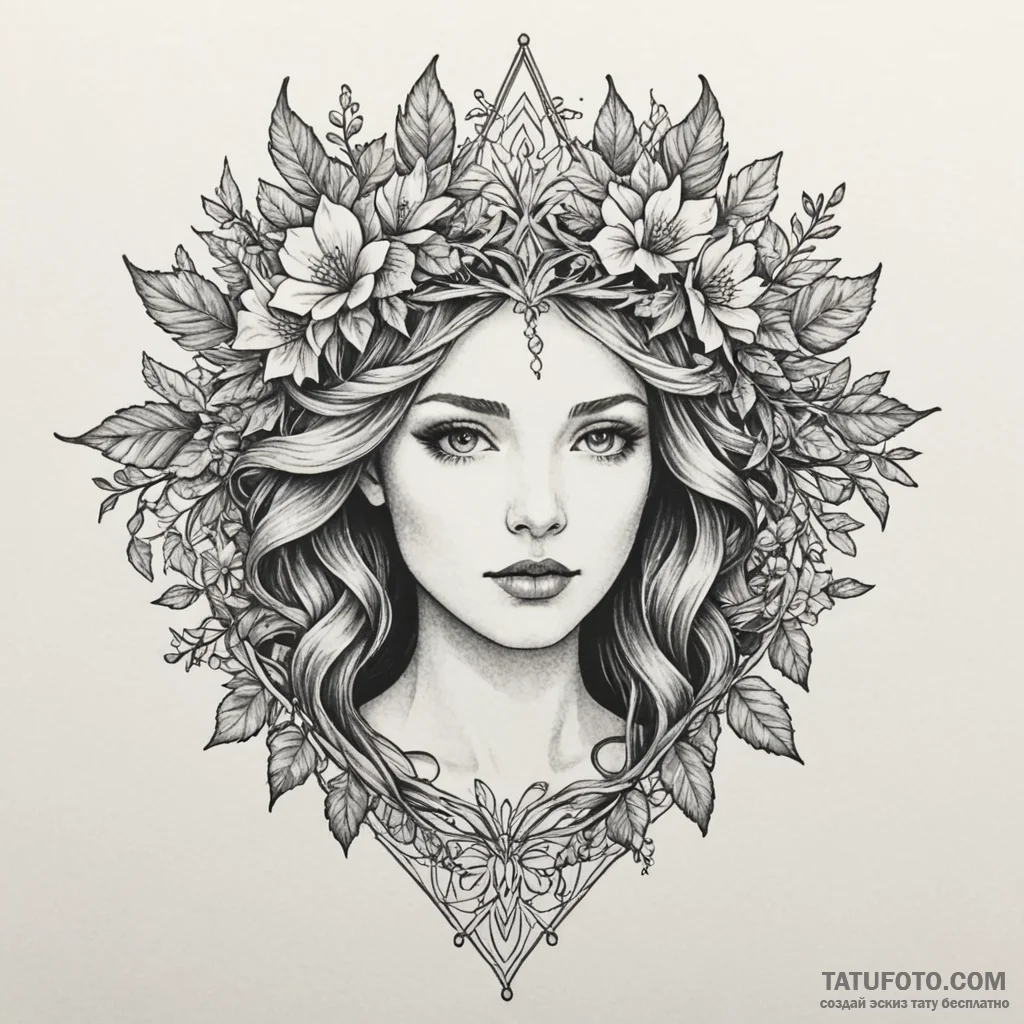 Feathered bloom crowned in ivy, concept art f... - эскиз тату (№1750321507_0, 19.06.2025 08:25) — Tatufoto.com