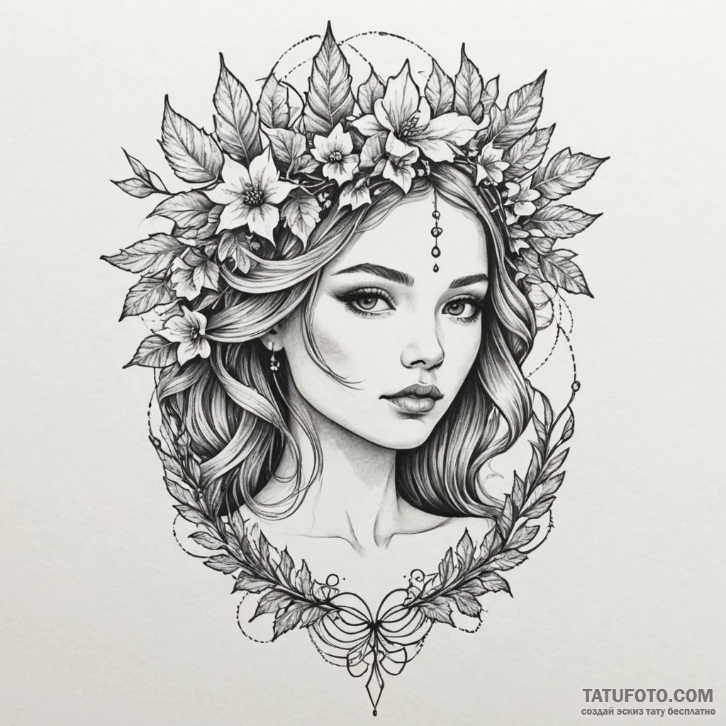 Feathered bloom crowned in ivy, concept art f... - эскиз тату (№1750321507_1, 19.06.2025 08:25) — Tatufoto.com