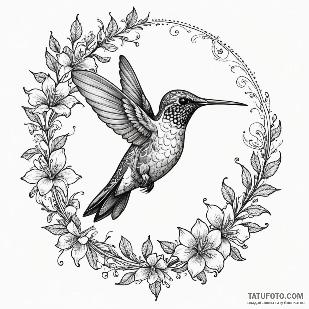 Hummingbird sipping nectar from a fuchsia flo... - эскиз тату (№1750321792_0, 19.06.2025 08:29) — Tatufoto.com