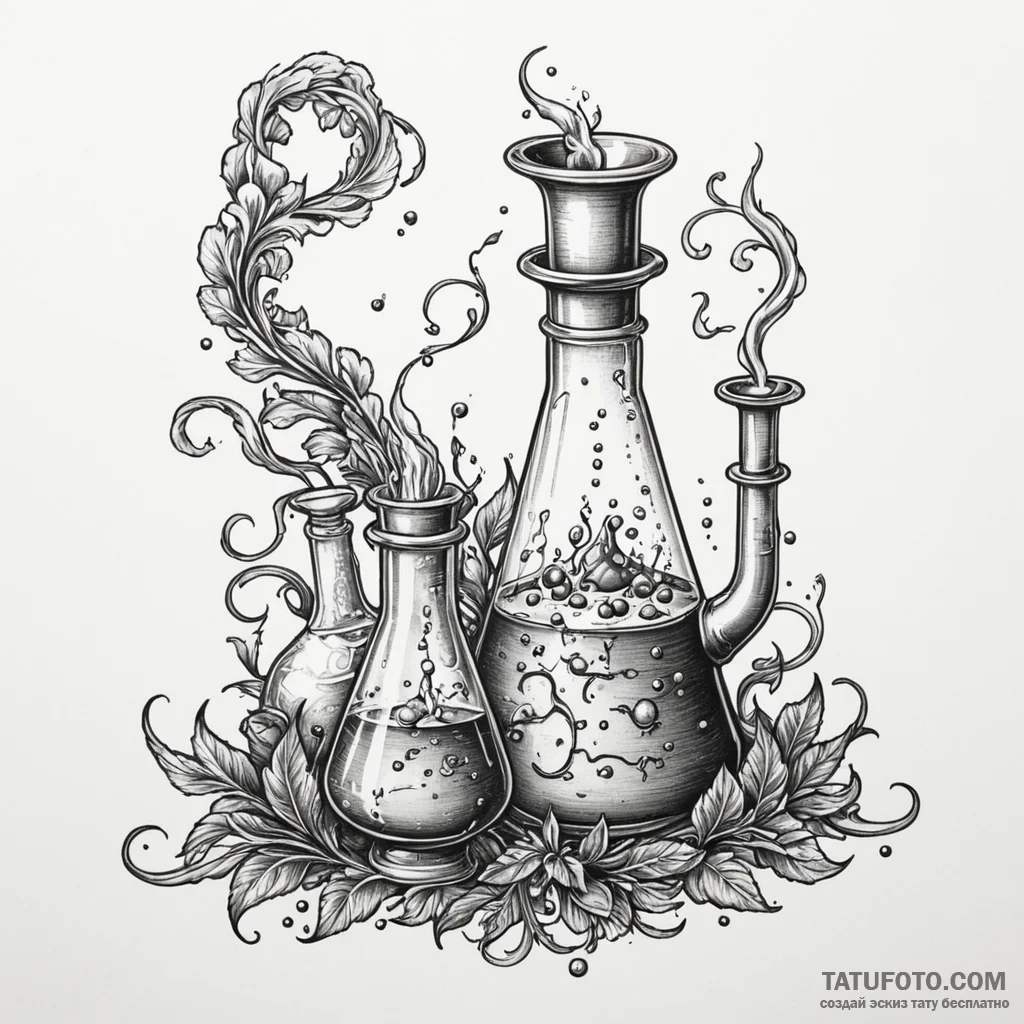 An alchemist's laboratory, bubbling beakers a... - эскиз тату (№1750322793_0, 19.06.2025 08:46) — Tatufoto.com
