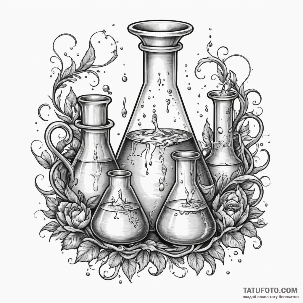 An alchemist's laboratory, bubbling beakers a... - эскиз тату (№1750322793_1, 19.06.2025 08:46) — Tatufoto.com
