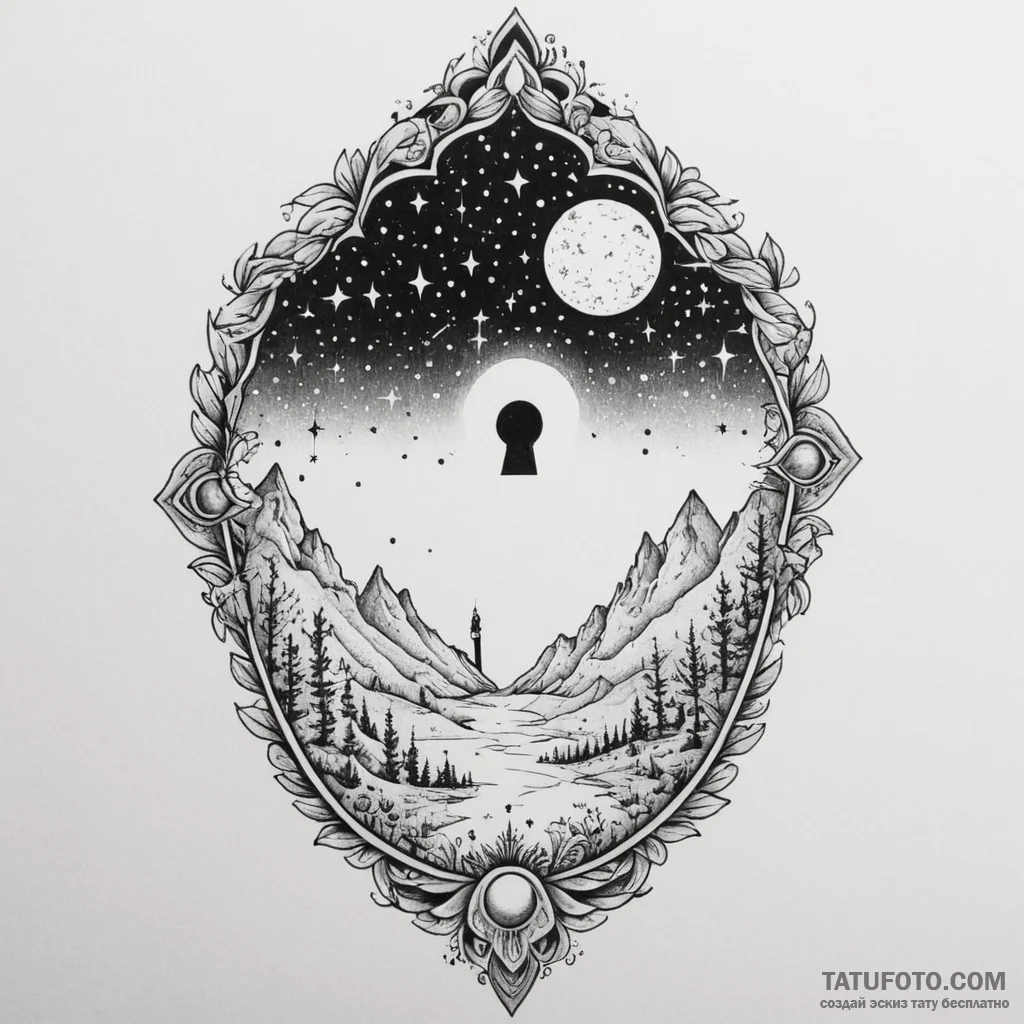 Night sky seen through a keyhole, tattoo flas... - эскиз тату (№1750324436_0, 19.06.2025 09:13) — Tatufoto.com