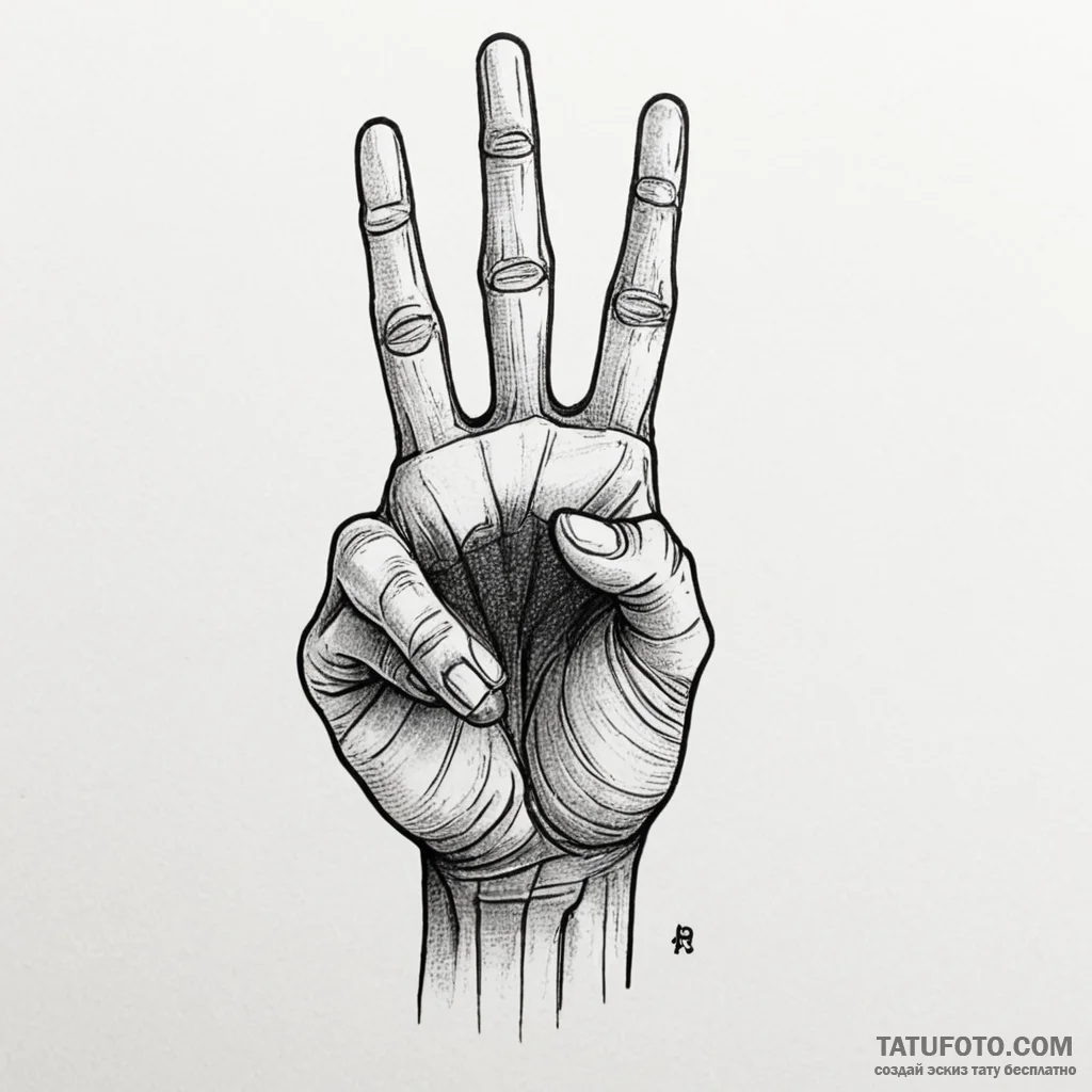 X-ray of a hand giving a peace sign, ink illu... - эскиз тату (№1750326154_1, 19.06.2025 09:42) — Tatufoto.com
