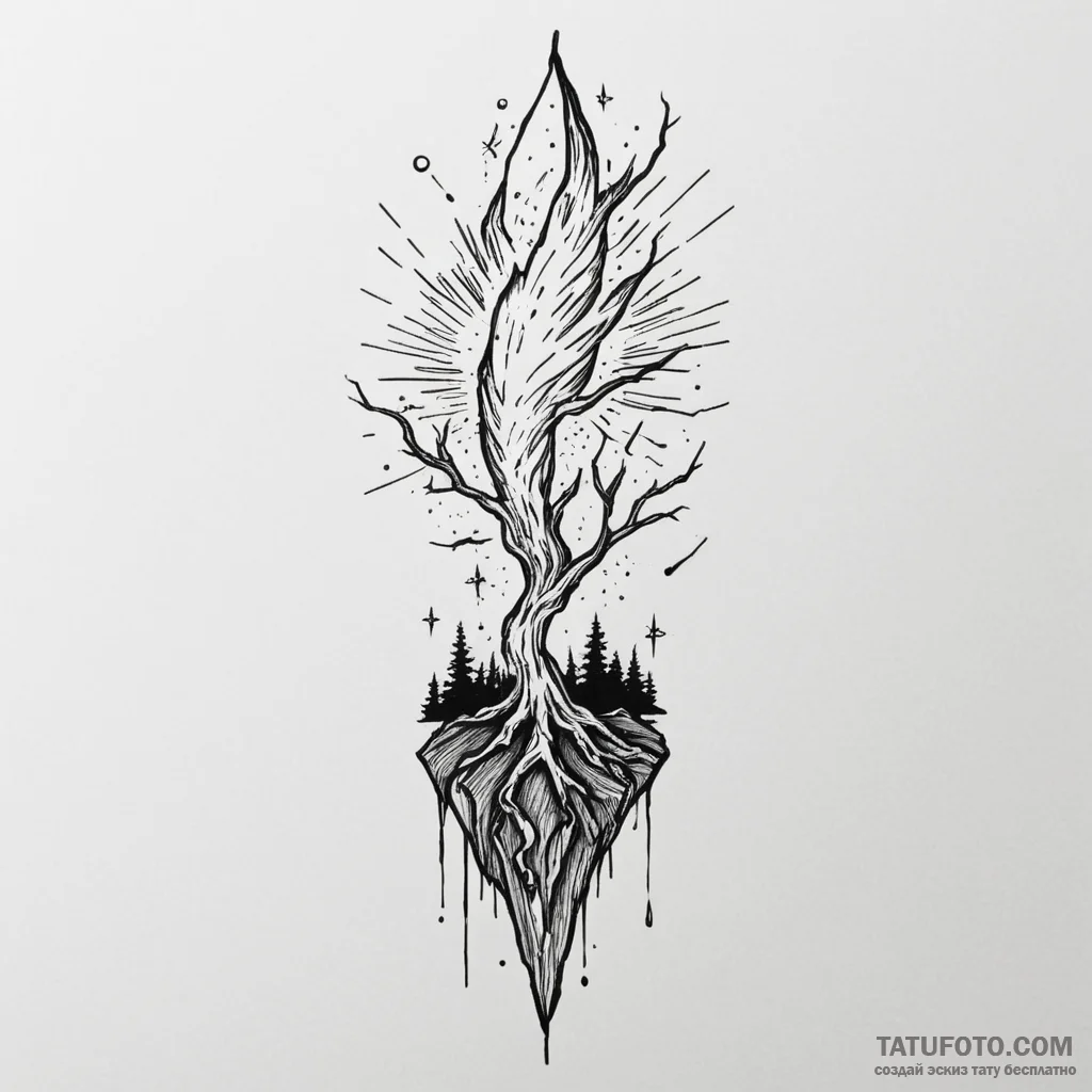 Meteor blade caught in roots, artistic tattoo... - эскиз тату (№1750326369_0, 19.06.2025 09:46) — Tatufoto.com