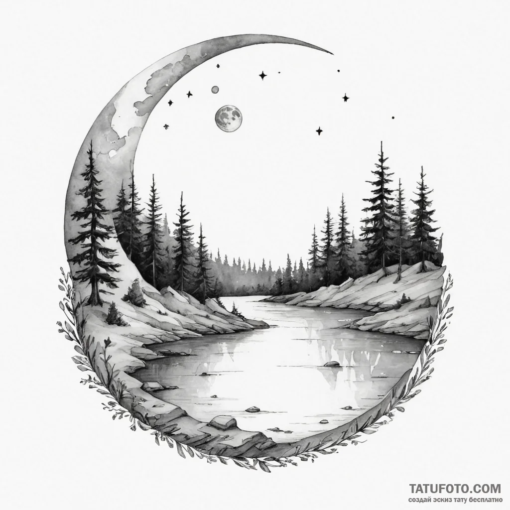 A watercolor sketch of the "moon river" scene... - эскиз тату (№1750328030_0, 19.06.2025 10:13) — Tatufoto.com