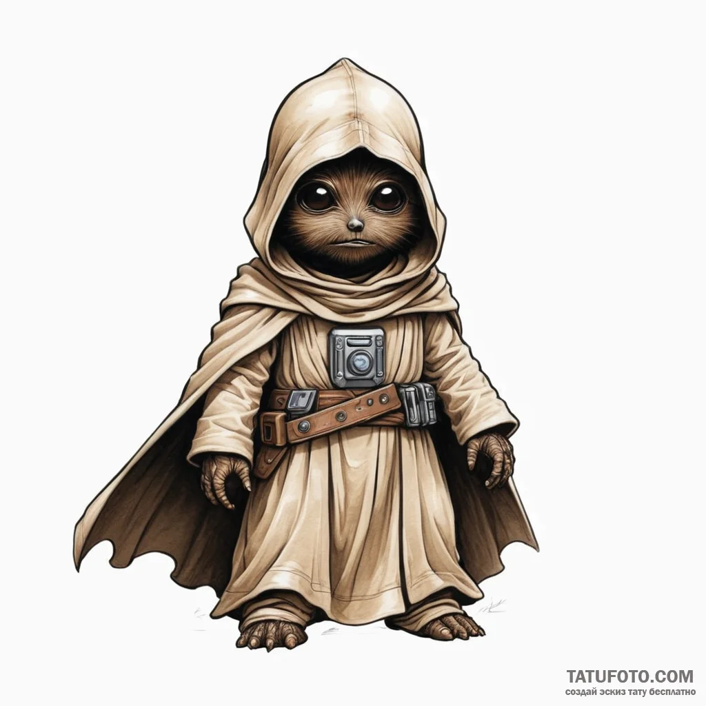 A sketch of a jawa, with glowing eyes under i... - эскиз тату (№1750341232_0, 19.06.2025 13:53) — Tatufoto.com