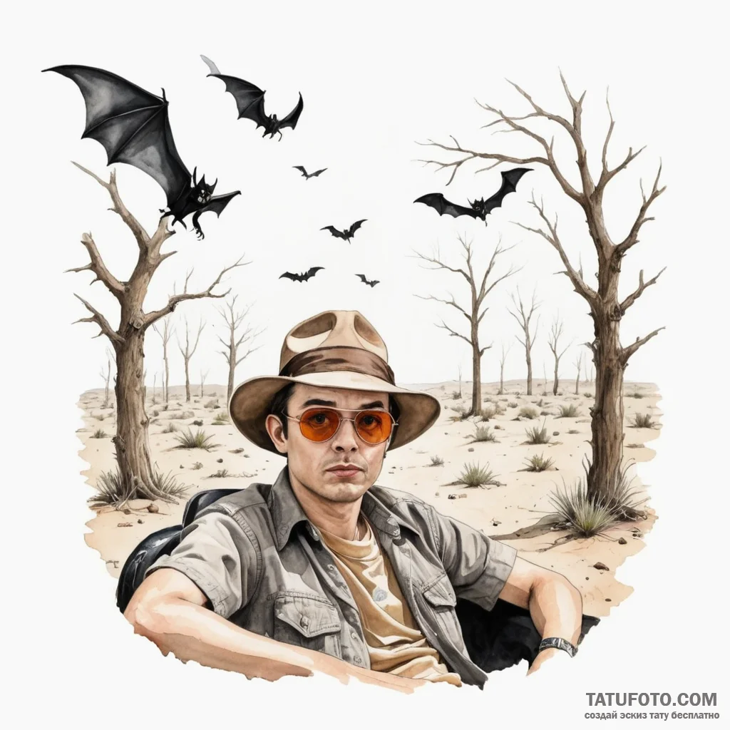 A watercolor sketch of the "bat country" scen... - эскиз тату (№1750343025_0, 19.06.2025 14:23) — Tatufoto.com