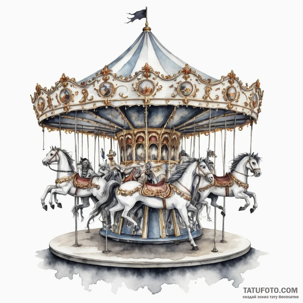 A watercolor tattoo of a haunted carousel, wi... - эскиз тату (№1750344256_0, 19.06.2025 14:44) — Tatufoto.com