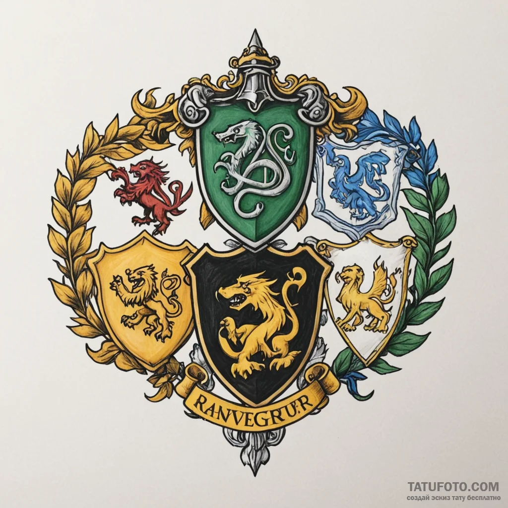 A flash sheet of the four hogwarts house cres... - эскиз тату (№1750346834_0, 19.06.2025 15:27) — Tatufoto.com