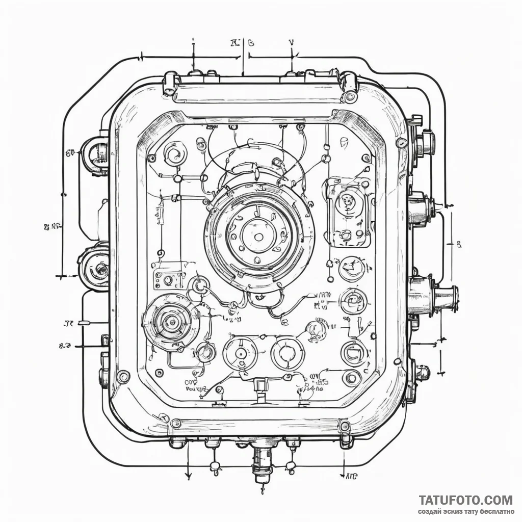 A linework sketch of the flux capacitor, blue... - эскиз тату (№1750352054_1, 19.06.2025 16:54) — Tatufoto.com