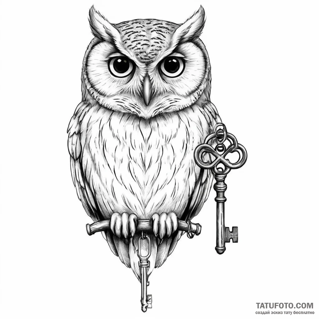 Owl with key - эскиз тату (№1750352280_0, 19.06.2025 16:58) — Tatufoto.com