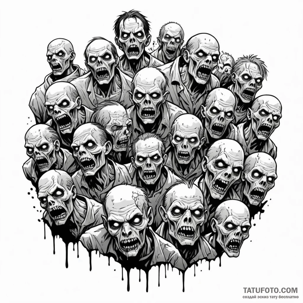 A graphic novel style tattoo of a zombie hord... - эскиз тату (№1750354037_0, 19.06.2025 17:27) — Tatufoto.com