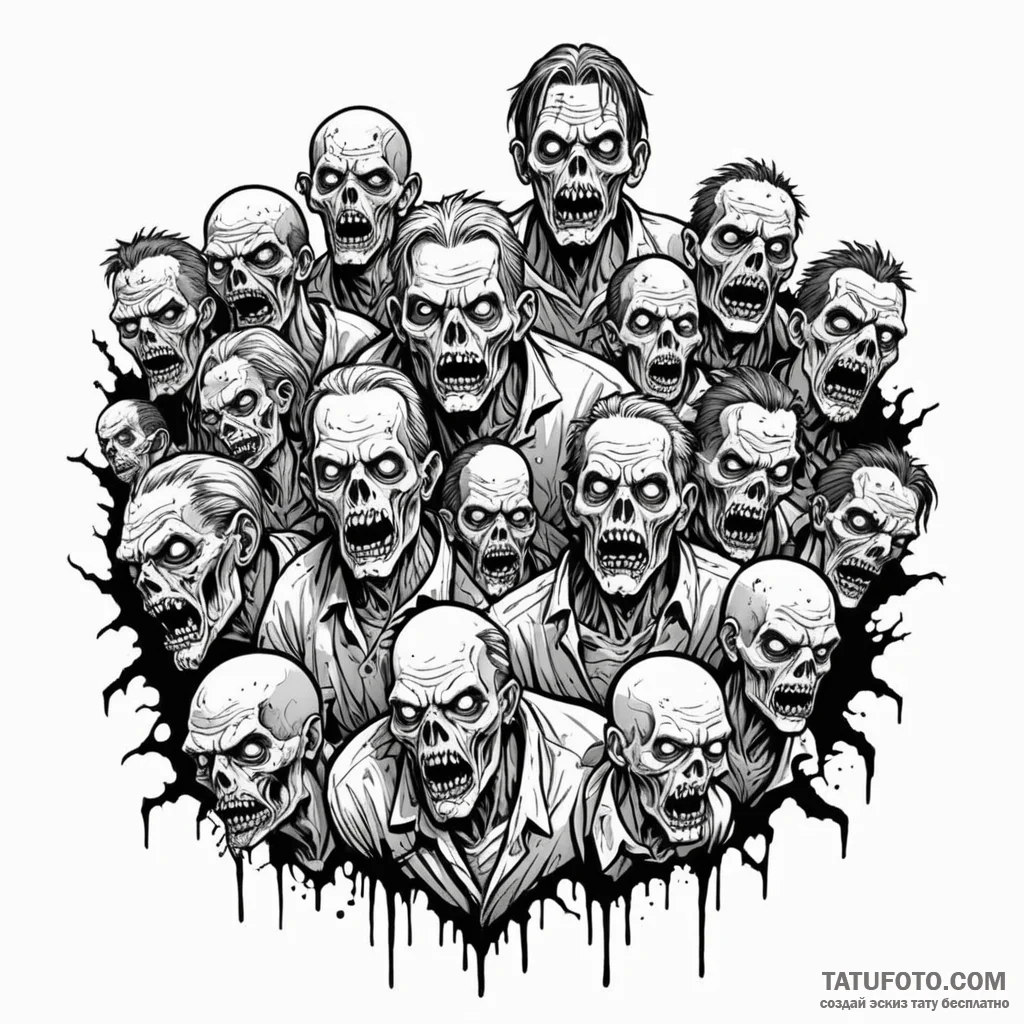 A graphic novel style tattoo of a zombie hord... - эскиз тату (№1750354037_1, 19.06.2025 17:27) — Tatufoto.com