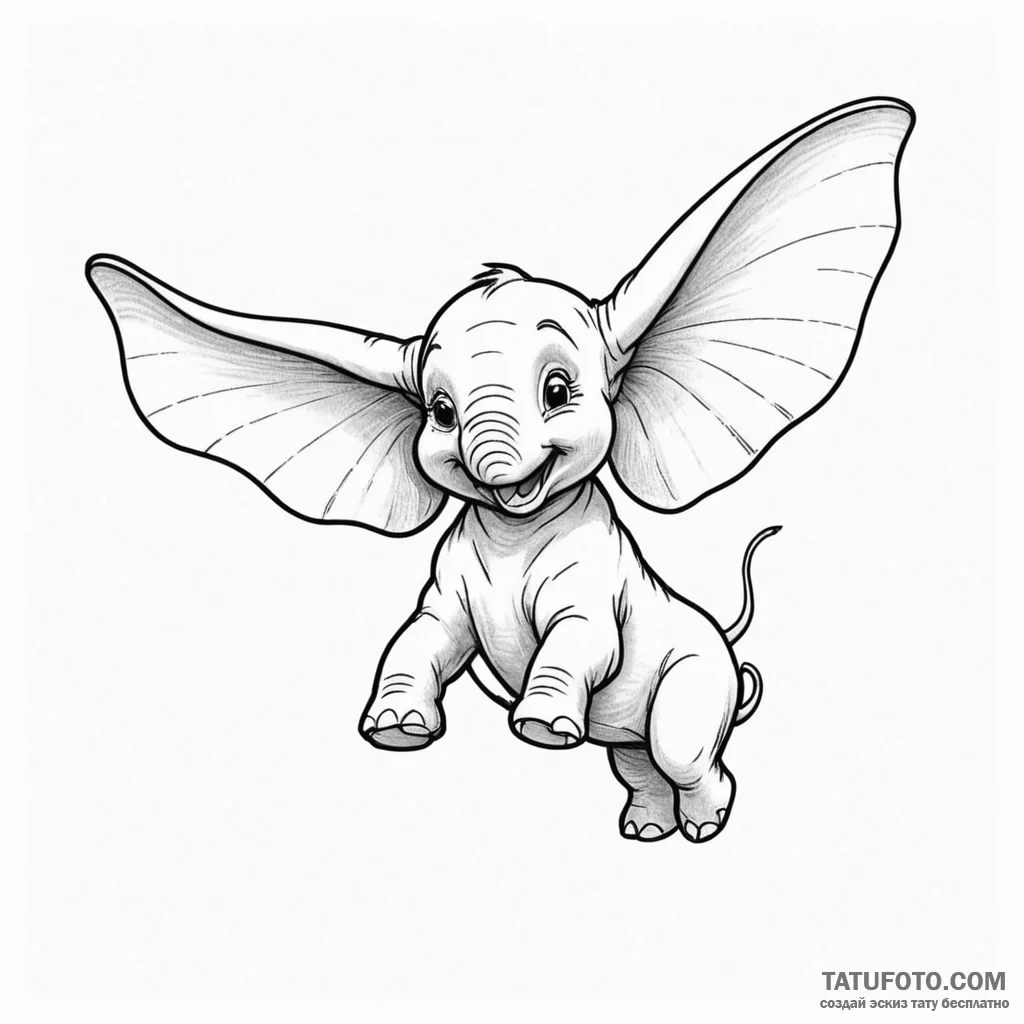 A linework tattoo of dumbo, the elephant, fly... - эскиз тату (№1750354762_1, 19.06.2025 17:39) — Tatufoto.com