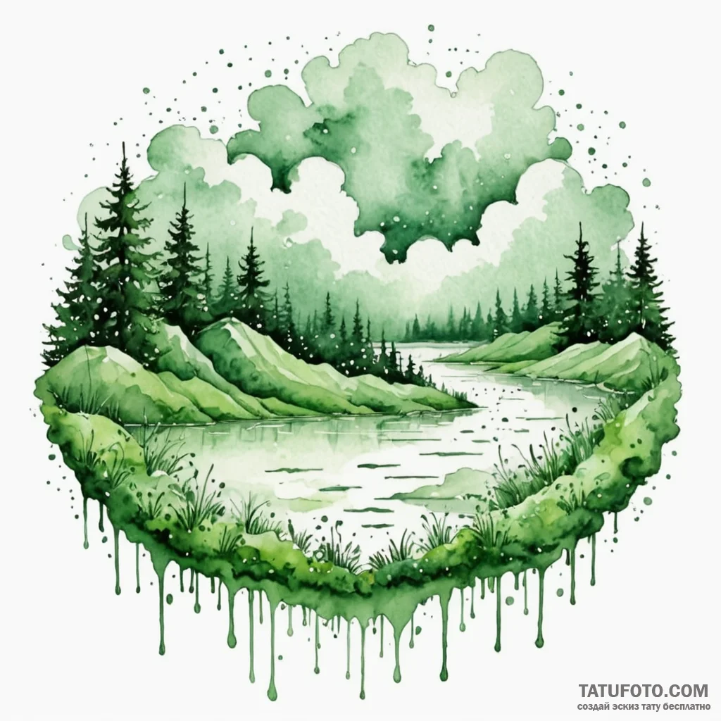 A watercolor sketch of the green code rain fo... - эскиз тату (№1750355002_0, 19.06.2025 17:43) — Tatufoto.com