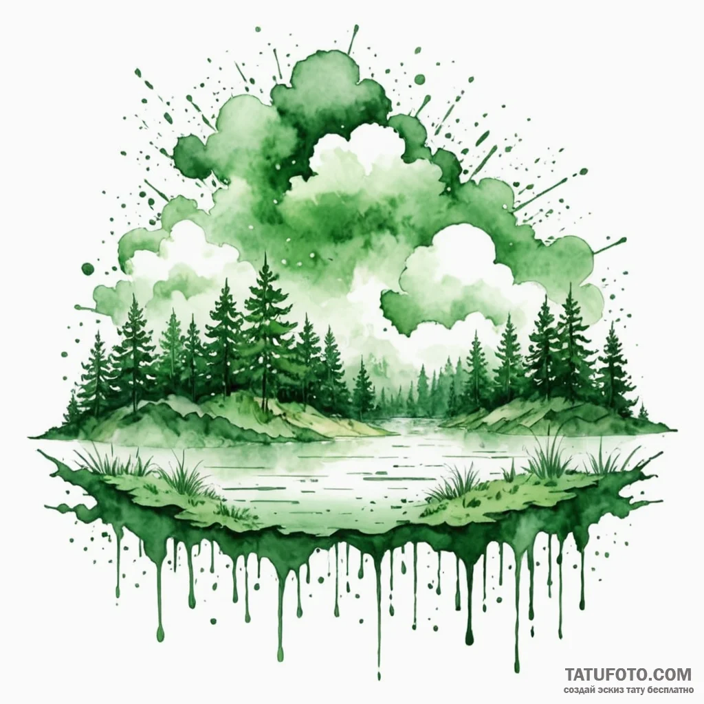 A watercolor sketch of the green code rain fo... - эскиз тату (№1750355002_1, 19.06.2025 17:43) — Tatufoto.com
