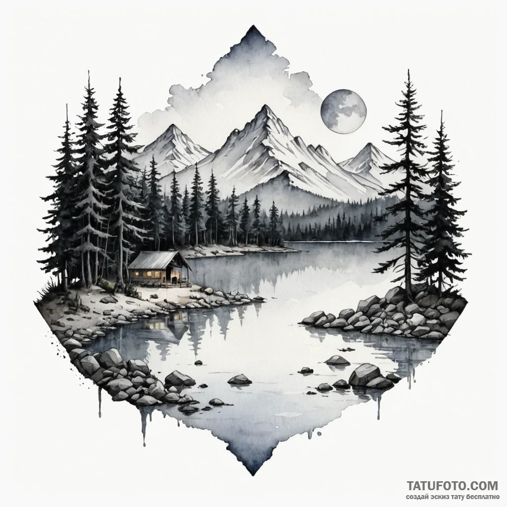 A watercolor sketch of camp crystal lake, ser... - эскиз тату (№1750356782_0, 19.06.2025 18:13) — Tatufoto.com