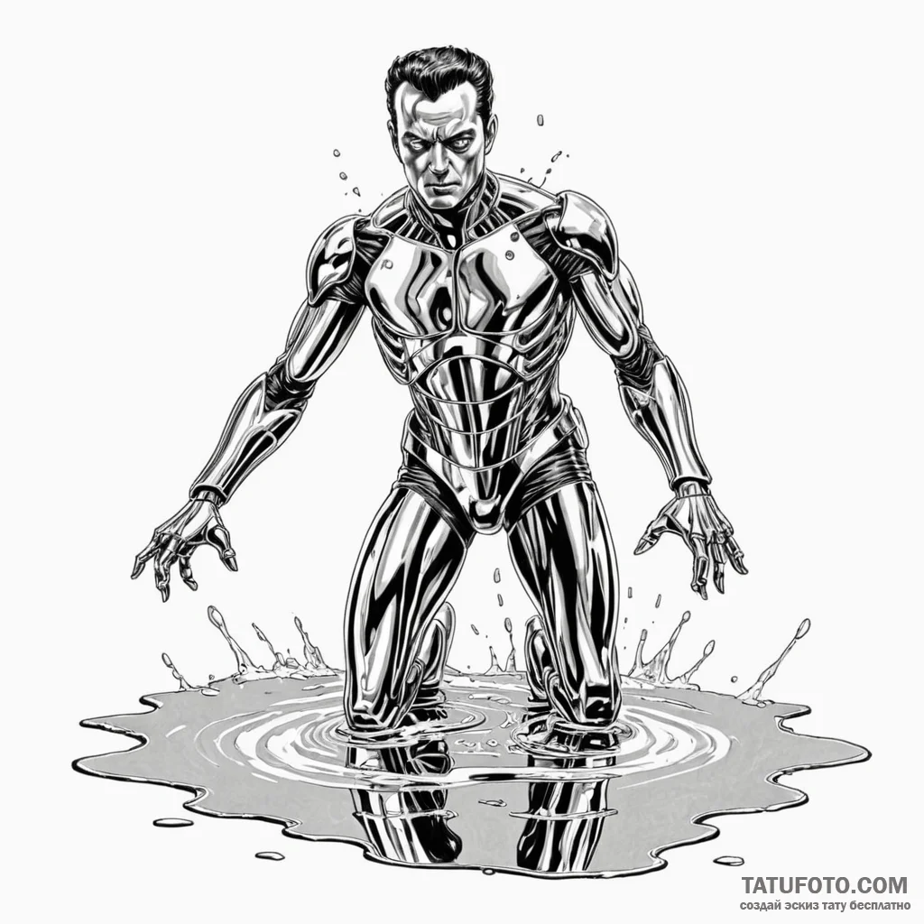 A graphic novel panel of the t-1000 emerging... - эскиз тату (№1750358472_0, 19.06.2025 18:41) — Tatufoto.com