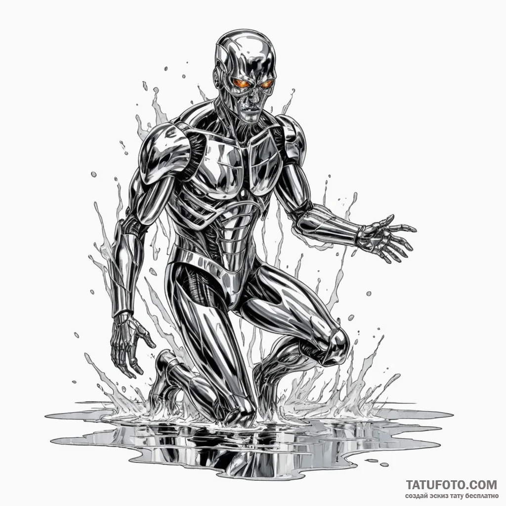 A graphic novel panel of the t-1000 emerging... - эскиз тату (№1750358472_1, 19.06.2025 18:41) — Tatufoto.com