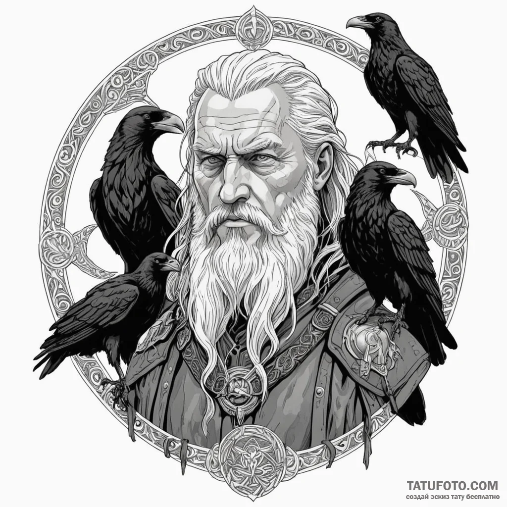 A graphic novel portrait of odin with his two... - эскиз тату (№1750362904_0, 19.06.2025 19:55) — Tatufoto.com