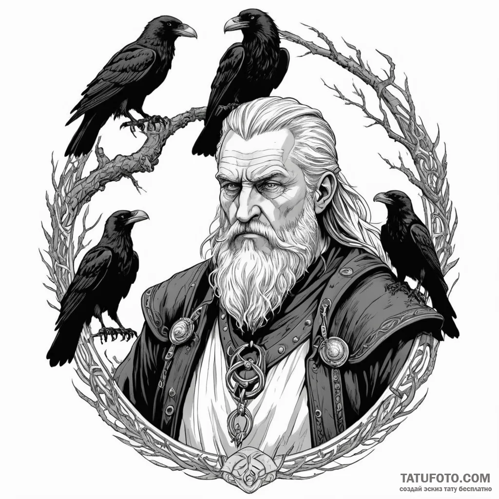 A graphic novel portrait of odin with his two... - эскиз тату (№1750362904_1, 19.06.2025 19:55) — Tatufoto.com