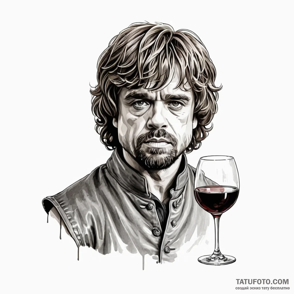 A sketch of tyrion lannister with a glass of... - эскиз тату (№1750372089_0, 19.06.2025 22:28) — Tatufoto.com