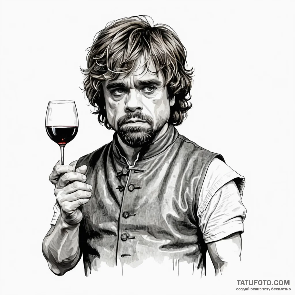 A sketch of tyrion lannister with a glass of... - эскиз тату (№1750372089_1, 19.06.2025 22:28) — Tatufoto.com