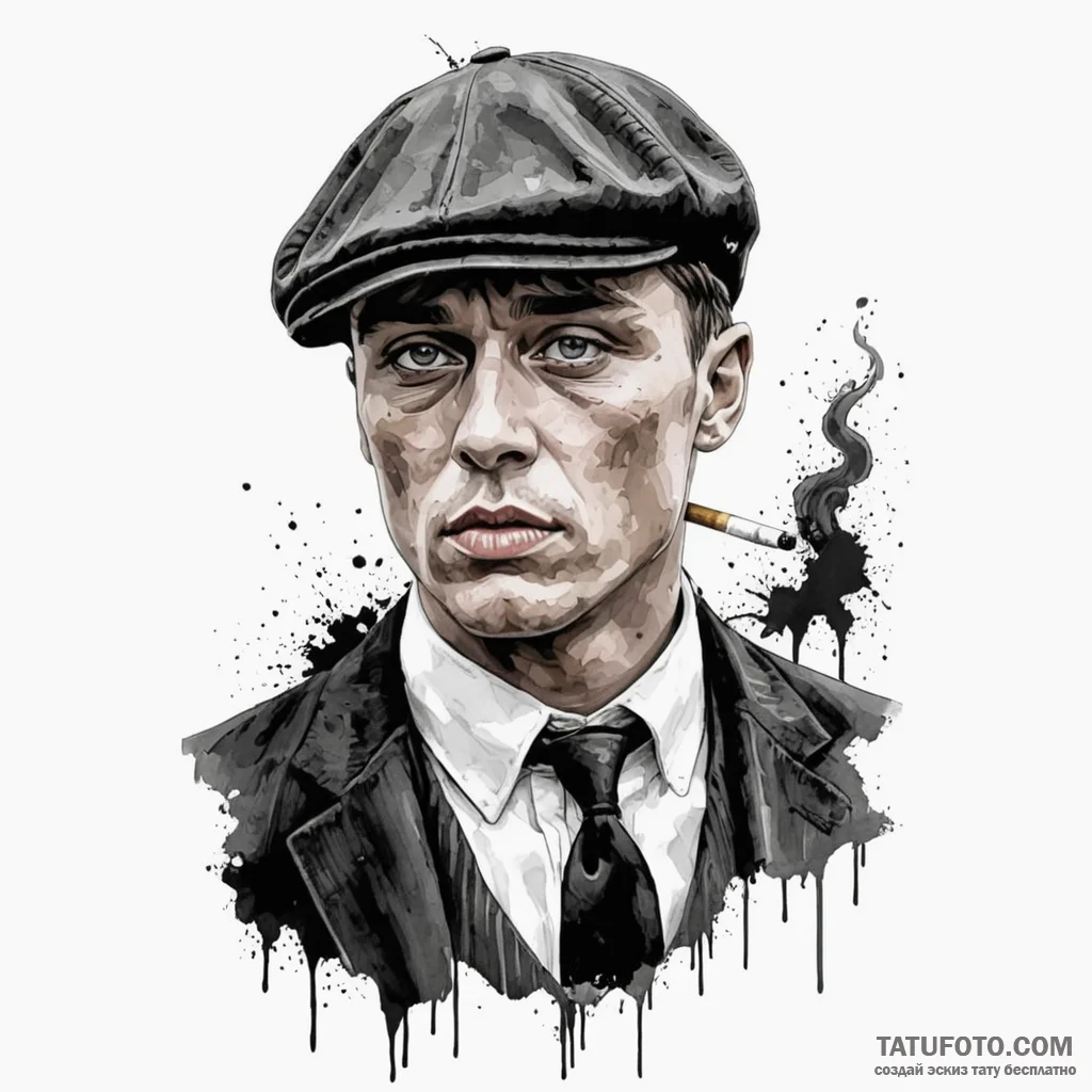 A trash polka portrait of tommy shelby, with... - эскиз тату (№1750374797_1, 19.06.2025 23:13) — Tatufoto.com