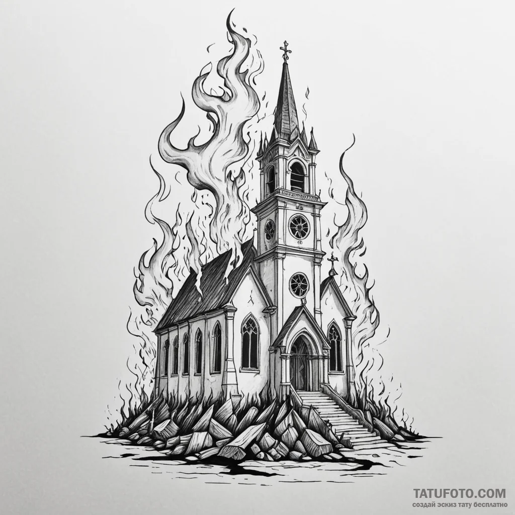 A neo-traditional tattoo of a burning church,... - эскиз тату (№1750381382_1, 20.06.2025 01:03) — Tatufoto.com