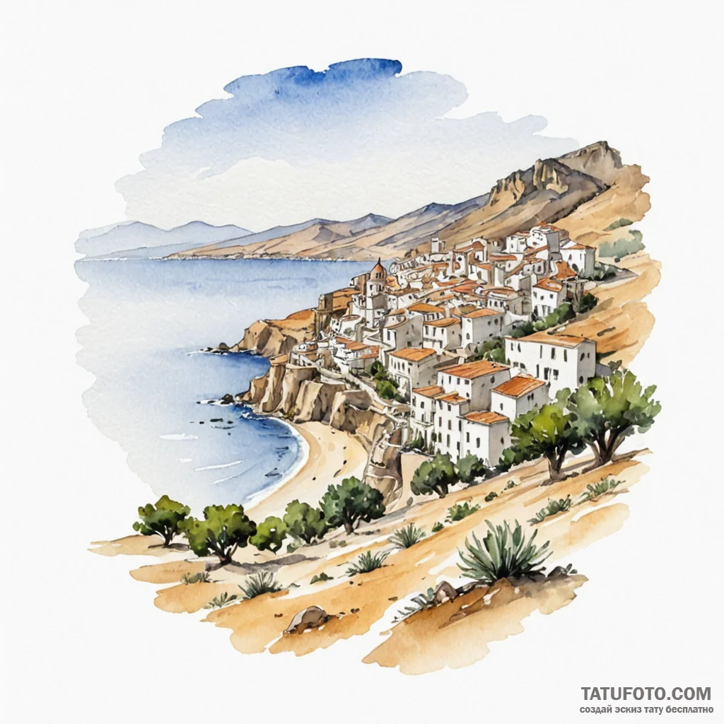 A watercolor sketch of the sicilian landscape... - эскиз тату (№1750381866_0, 20.06.2025 01:11) — Tatufoto.com