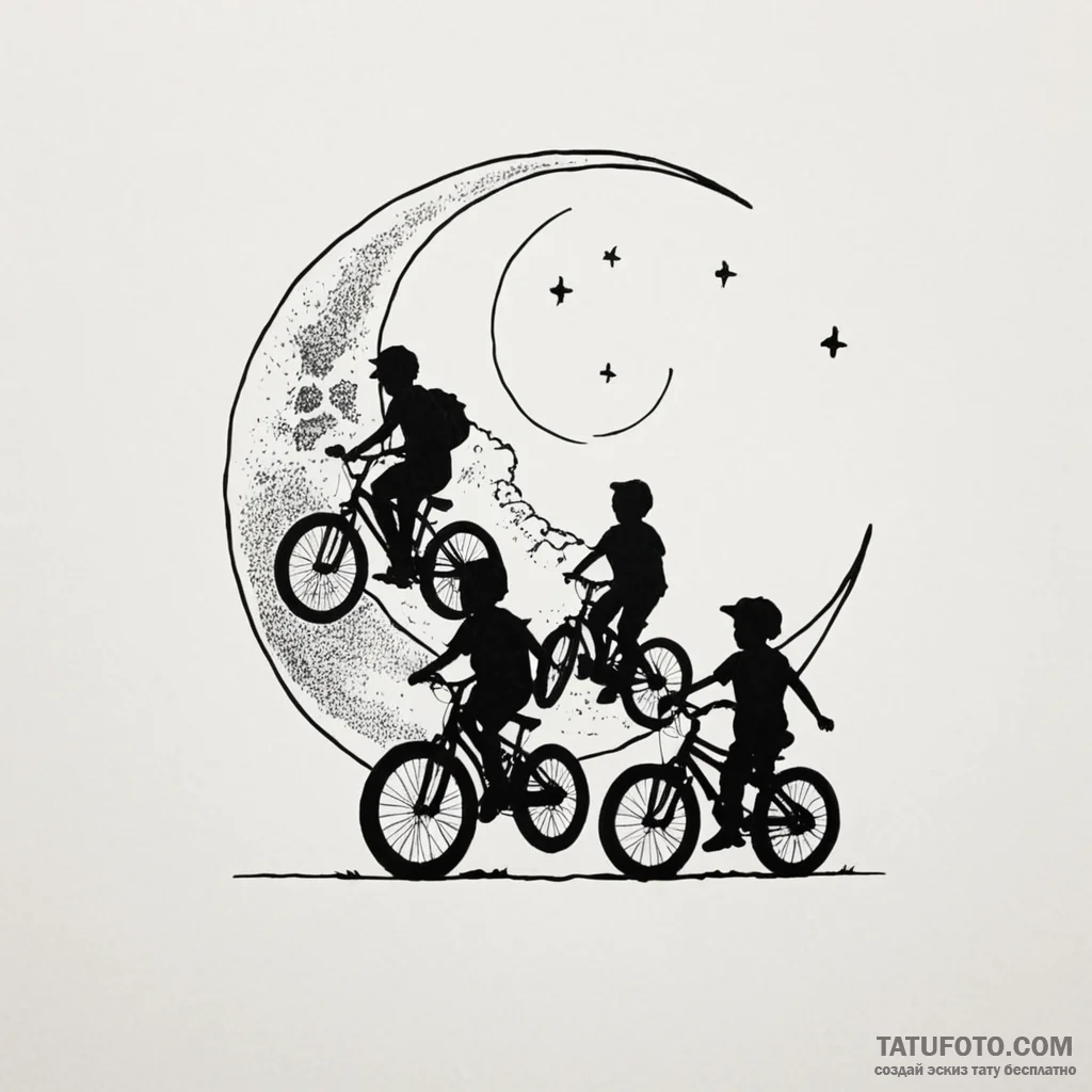 A linework tattoo of the kids on their bikes,... - эскиз тату (№1750382108_0, 20.06.2025 01:15) — Tatufoto.com