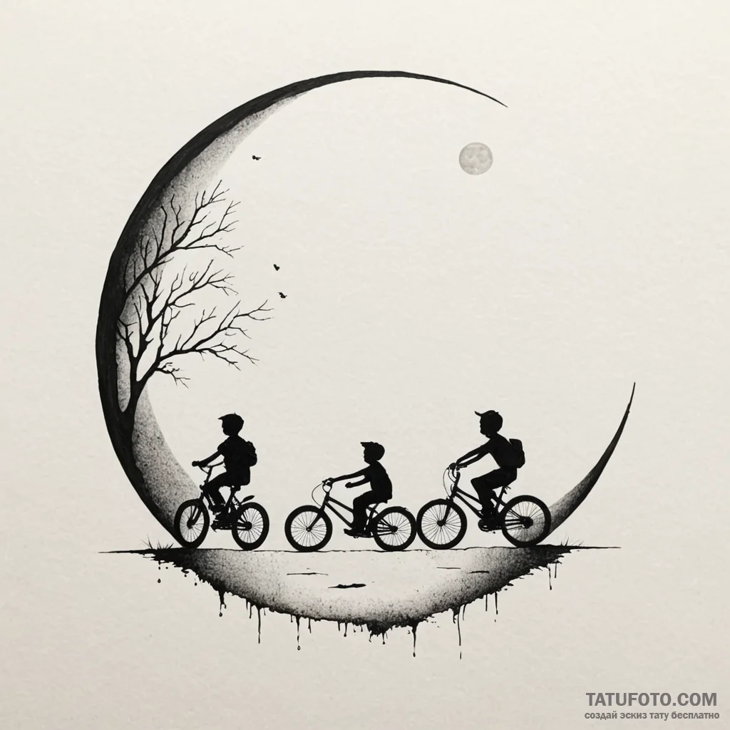 A linework tattoo of the kids on their bikes,... - эскиз тату (№1750382108_1, 20.06.2025 01:15) — Tatufoto.com