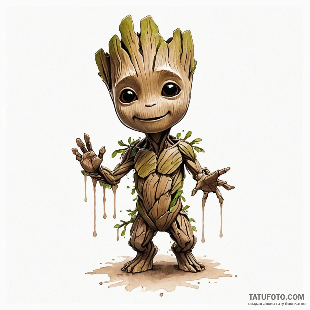 A watercolor sketch of a dancing baby groot, - эскиз тату (№1750382989_1, 20.06.2025 01:29) — Tatufoto.com