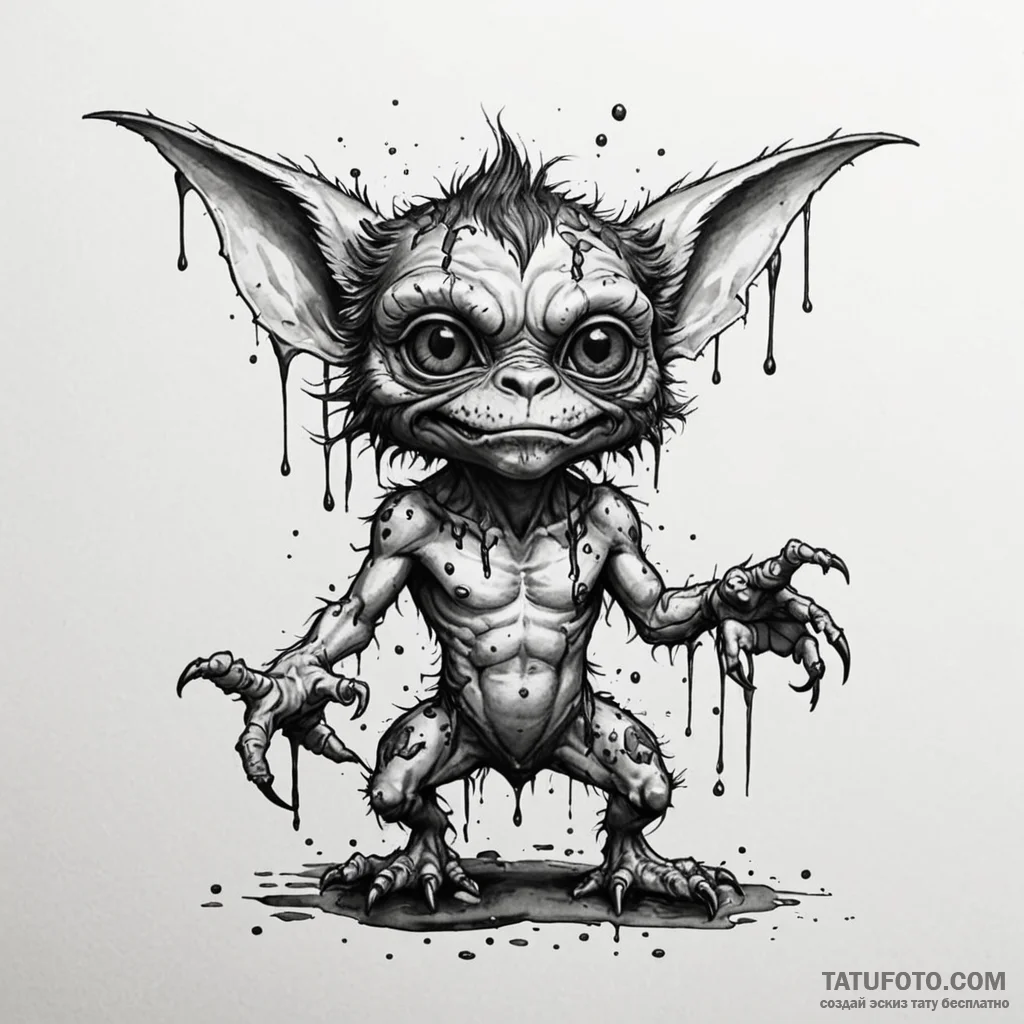 A trash polka tattoo of a gremlin, transformi... - эскиз тату (№1750384727_0, 20.06.2025 01:58) — Tatufoto.com