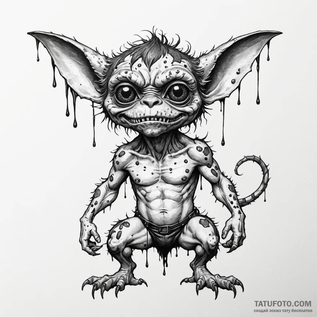 A trash polka tattoo of a gremlin, transformi... - эскиз тату (№1750384727_1, 20.06.2025 01:58) — Tatufoto.com