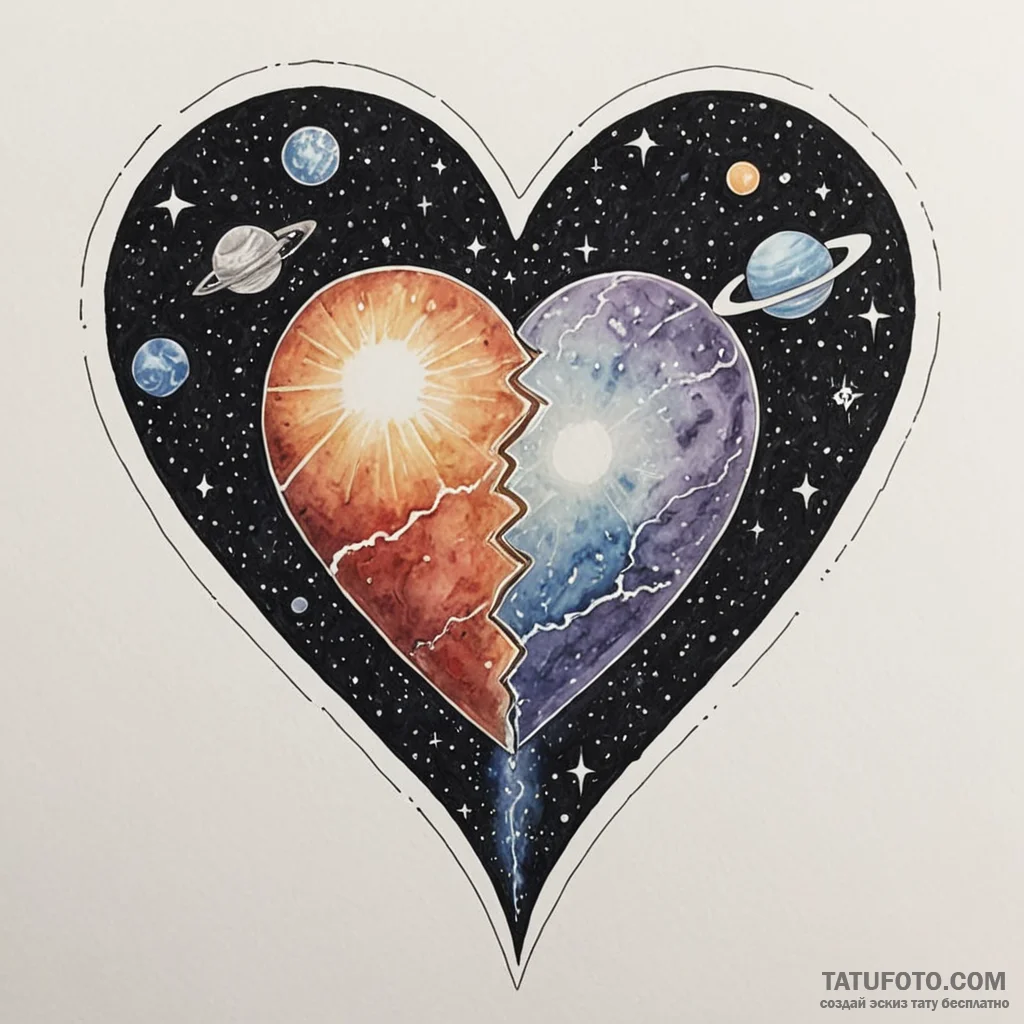 A watercolor sketch of the heart of the unive... - эскиз тату (№1750387094_0, 20.06.2025 02:38) — Tatufoto.com